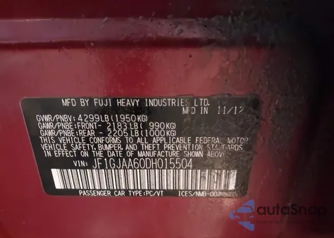 2013 Subaru Impreza 2.0I из США, поврежденный, VIN JF1GJAA60DH015504